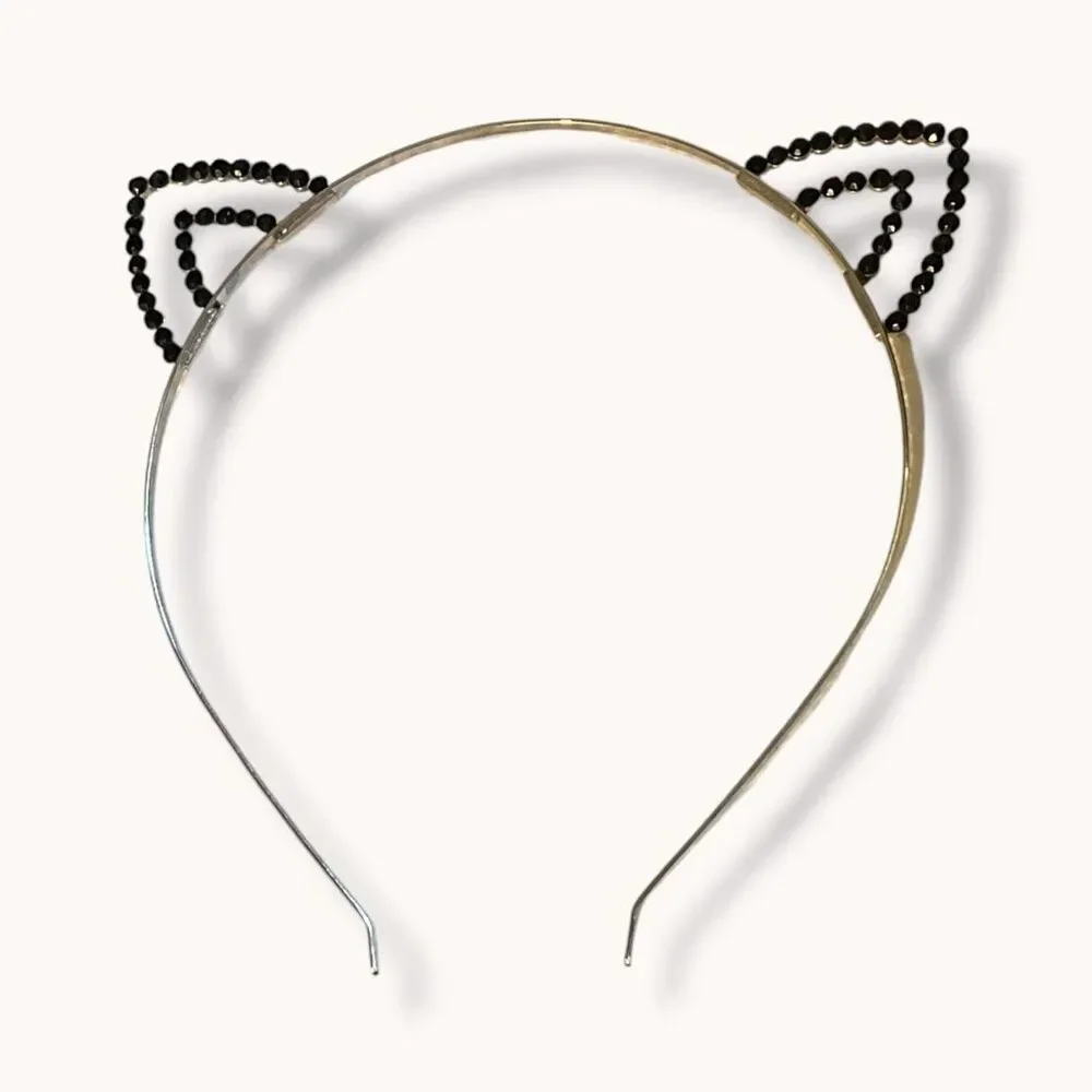 Rhinestone Double Cat Ear Metal Headband Silver Tone One Size
